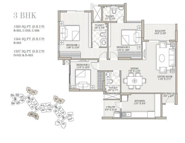 Floor plan of 3 BHK 1520 Sq. Ft. Apartment in Goyal Orchid Whitefield, Bangalore