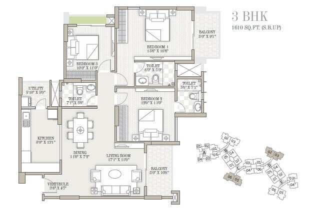 Floor plan of 3 BHK 1610 Sq. Ft. Apartment in Goyal Orchid Whitefield, Bangalore