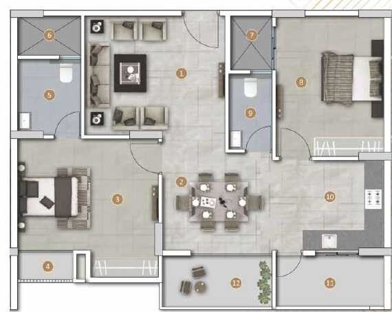 Floor plan of 2 BHK 1225 Sq. Ft. Apartment in GP Aditya, Bangalore