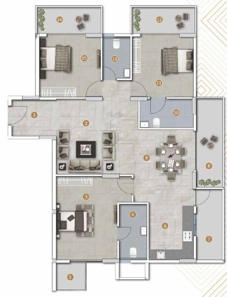 Floor plan of 3 BHK 1850 Sq. Ft. Apartment in GP Aditya, Bangalore