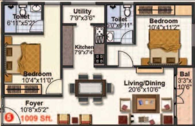 Floor plan of 2 BHK 1009 Sq. Ft. Apartment in GP North Avenue, Bangalore