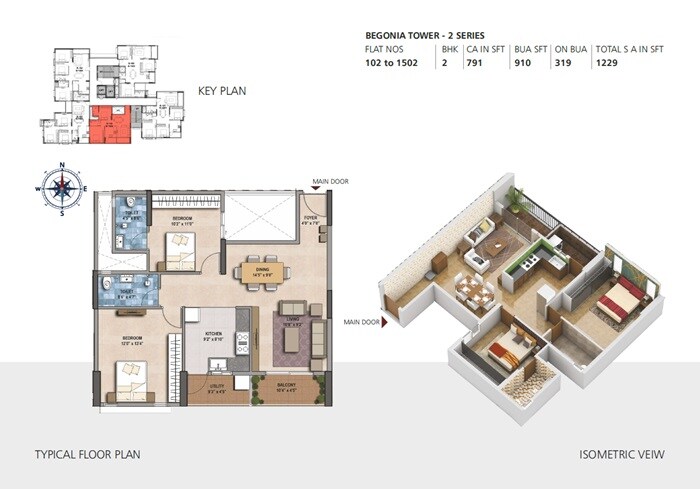 Floor plan of 2 BHK 1229 Sq. Ft. Apartment in GR Floret, Bangalore