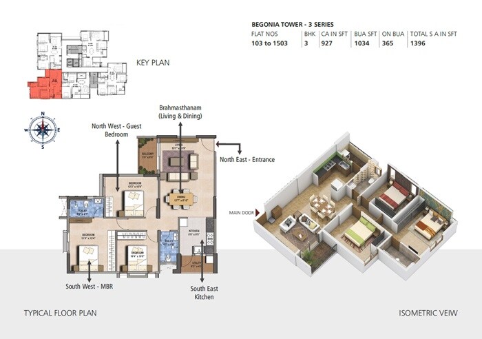 Floor plan of 3 BHK 1396 Sq. Ft. Apartment in GR Floret, Bangalore