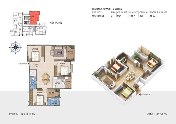 Floor plan of 3 BHK 1562 Sq. Ft. Apartment in GR Floret, Bangalore