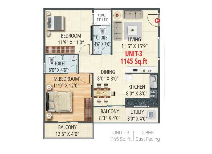 Floor plan of 2 BHK 1145 Sq. Ft. Apartment in GR Nisarga Residency, Bangalore