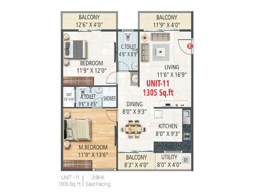 Floor plan of 2 BHK 1305 Sq. Ft. Apartment in GR Nisarga Residency, Bangalore