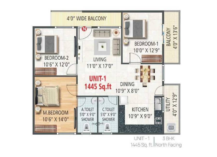 Floor plan of 3 BHK 1445 Sq. Ft. Apartment in GR Nisarga Residency, Bangalore