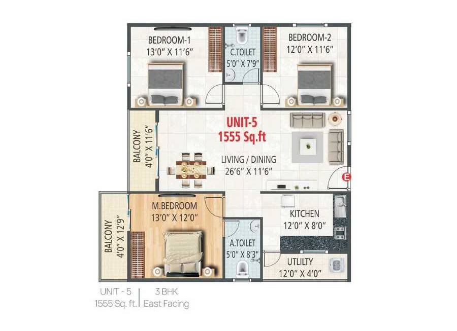 Floor plan of 3 BHK 1555 Sq. Ft. Apartment in GR Nisarga Residency, Bangalore