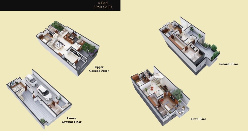 Floor plan of 4 BHK 3950 Sq. Ft. Townhouse in GR One And Only, Bangalore
