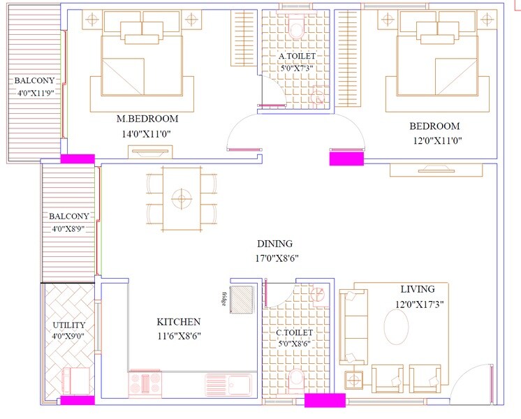 Floor plan of 2 BHK 1250 Sq. Ft. Apartment in GR Onyx, Bangalore
