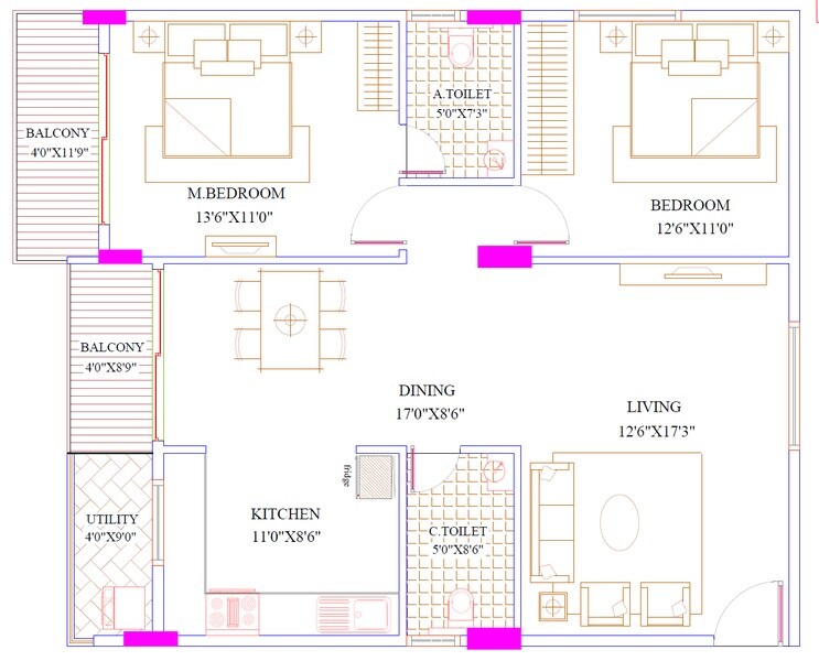 Floor plan of 2 BHK 1285 Sq. Ft. Apartment in GR Onyx, Bangalore