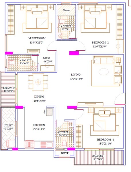 Floor plan of 3 BHK 1410 Sq. Ft. Apartment in GR Onyx, Bangalore