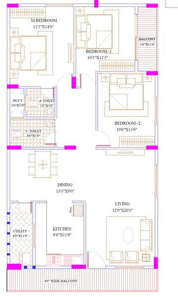 Floor plan of 3 BHK 1800 Sq. Ft. Apartment in GR Onyx, Bangalore