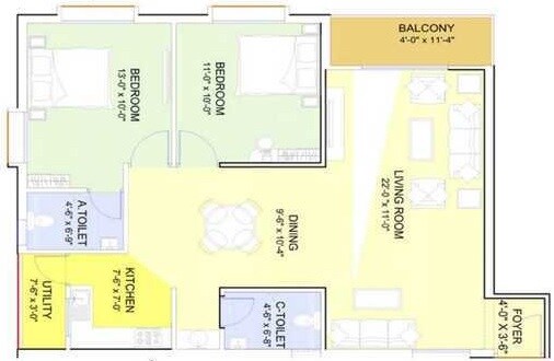 Floor plan of 2 BHK 1193 Sq. Ft. Apartment in GR Queens Pride, Bangalore