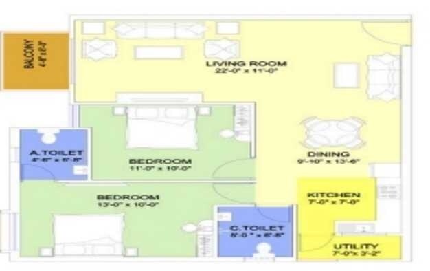 Floor plan of 2 BHK 864 Sq. Ft. Apartment in GR Queens Pride, Bangalore