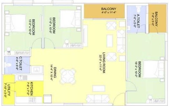 Floor plan of 3 BHK 1549 Sq. Ft. Apartment in GR Queens Pride, Bangalore