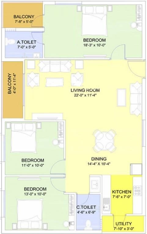 Floor plan of 3 BHK 1686 Sq. Ft. Apartment in GR Queens Pride, Bangalore