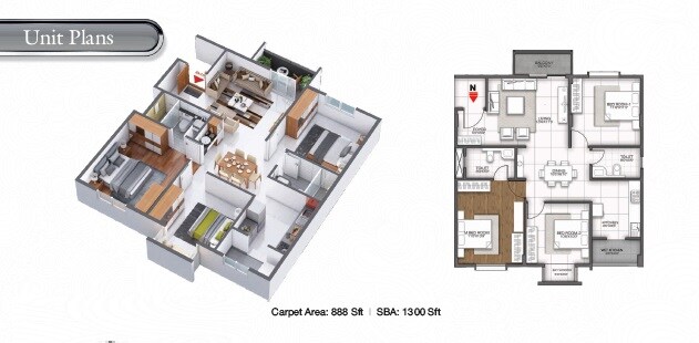 Floor plan of 3 BHK 1300 Sq. Ft. Apartment in GR Sitara, Bangalore
