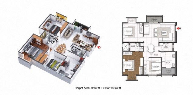 Floor plan of 3 BHK 1335 Sq. Ft. Apartment in GR Sitara, Bangalore