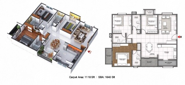 Floor plan of 3 BHK 1640 Sq. Ft. Apartment in GR Sitara, Bangalore