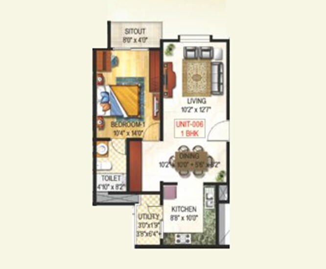 Floor plan of 1 BHK 833 Sq. Ft. Apartment in GR Sunshine, Bangalore