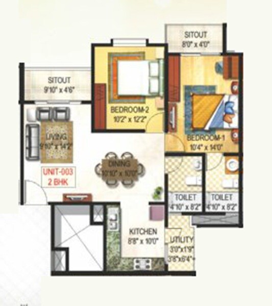 Floor plan of 2 BHK 1076 Sq. Ft. Apartment in GR Sunshine, Bangalore