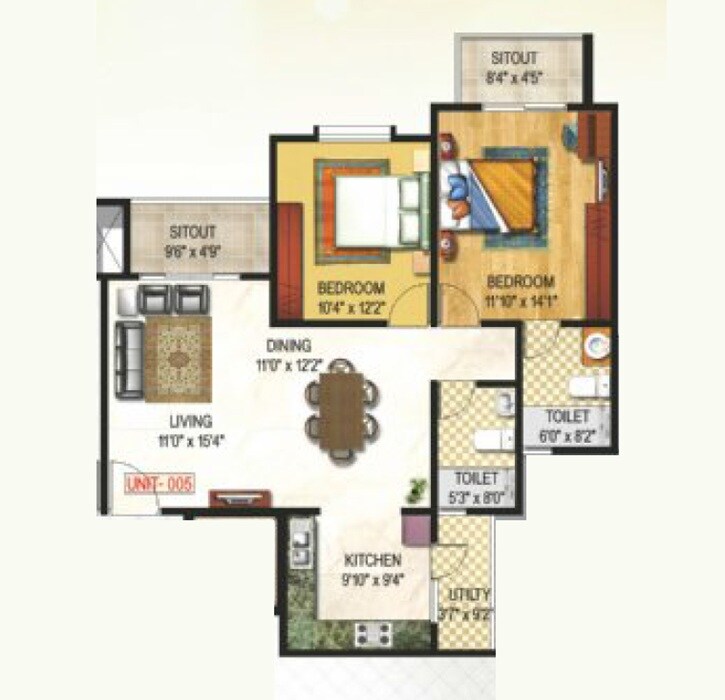 Floor plan of 2 BHK 1250 Sq. Ft. Apartment in GR Sunshine, Bangalore
