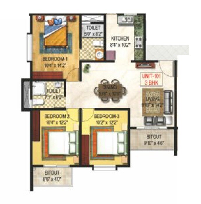 Floor plan of 3 BHK 1279 Sq. Ft. Apartment in GR Sunshine, Bangalore