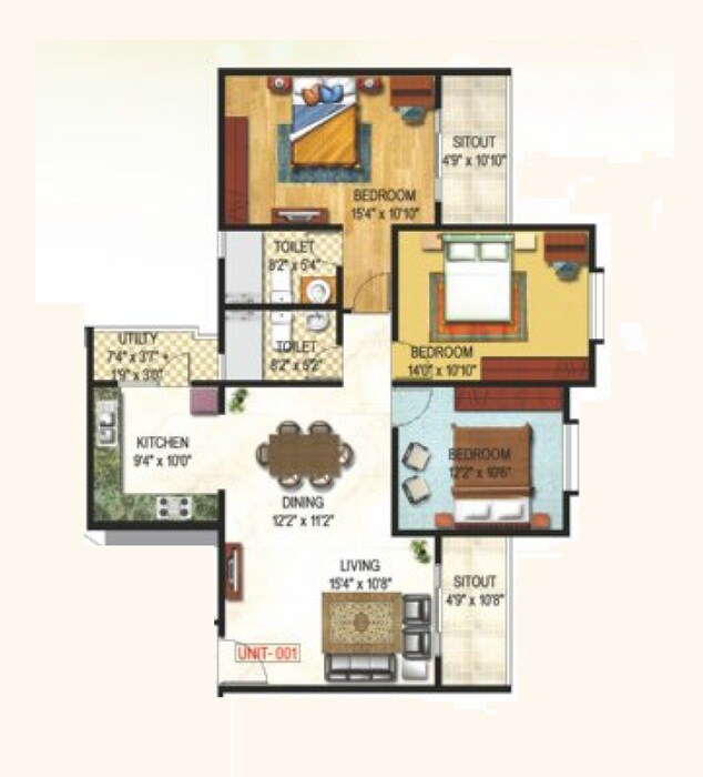 Floor plan of 3 BHK 1508 Sq. Ft. Apartment in GR Sunshine, Bangalore