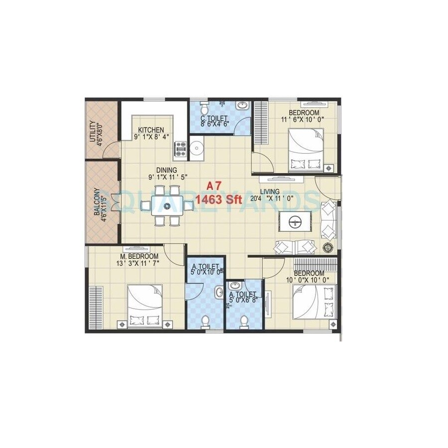 Floor plan of 3 BHK 1463 Sq. Ft. Apartment in Grand Gandharva, Bangalore