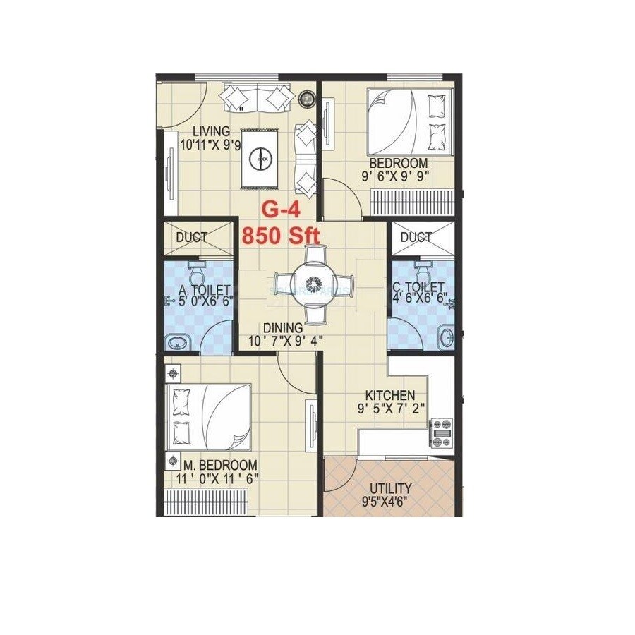 Floor plan of 2 BHK 850 Sq. Ft. Apartment in Grand Gandharva, Bangalore