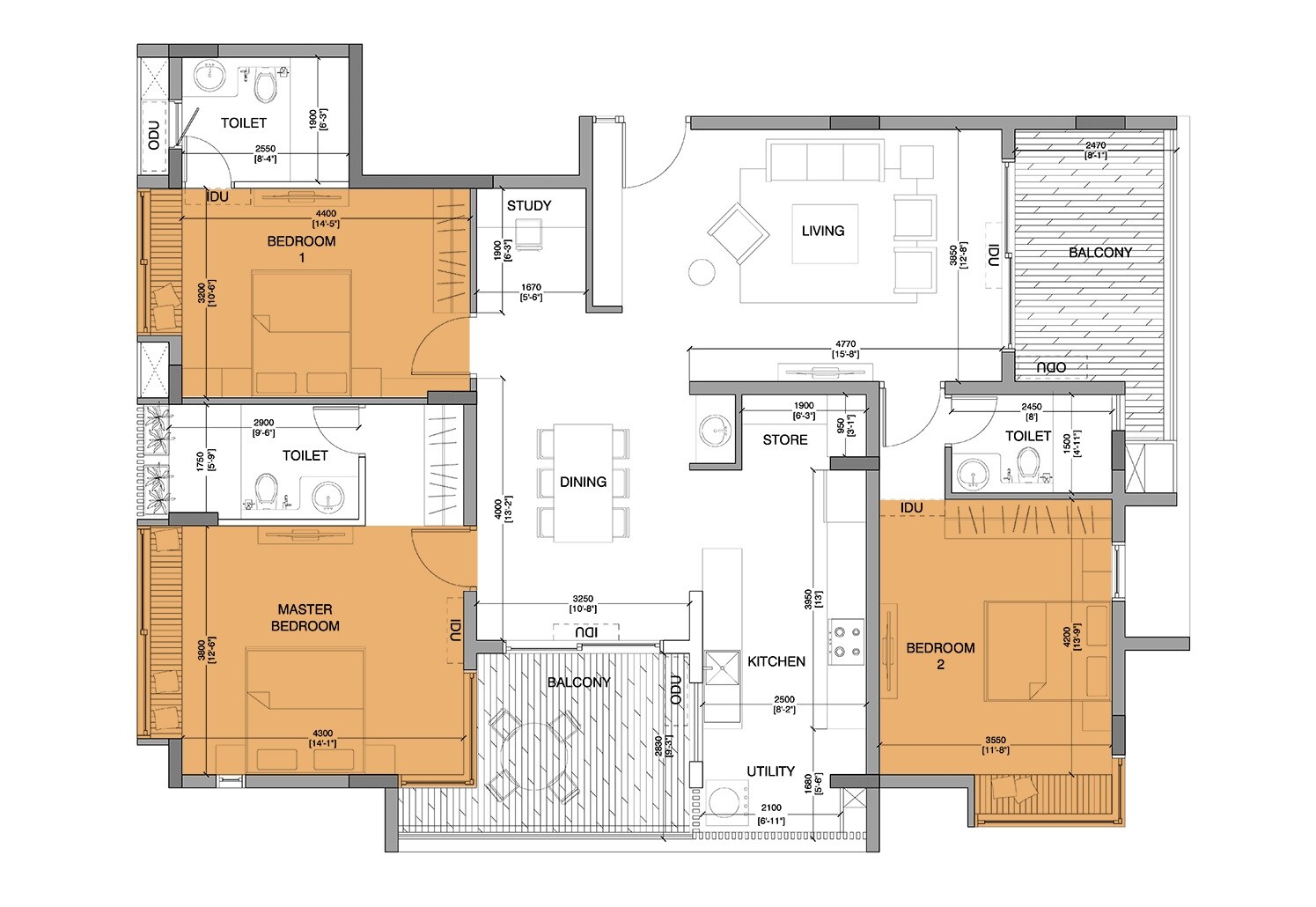 Floor plan of 3 BHK 2295 Sq. Ft. Apartment in Grandus Quiet Woods, Bangalore