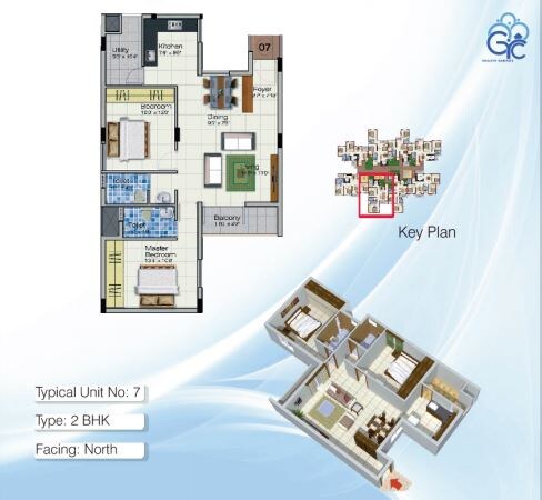 Floor plan of 2 BHK 1090 Sq. Ft. Apartment in GRC Brundavan, Bangalore