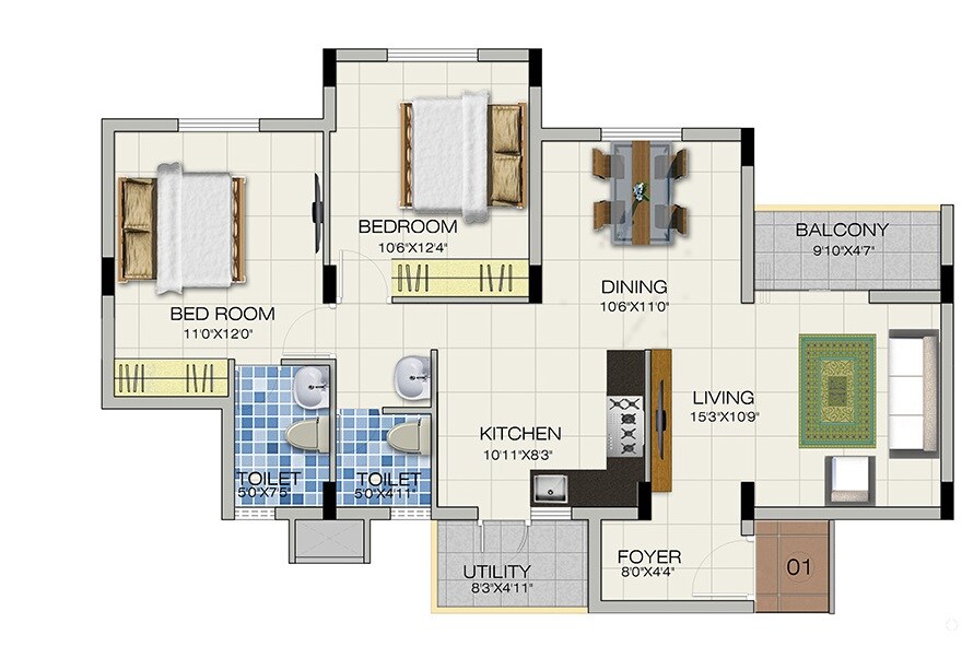 Floor plan of 2 BHK 1205 Sq. Ft. Apartment in GRC Brundavan, Bangalore