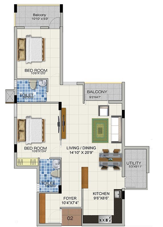 Floor plan of 2 BHK 1285 Sq. Ft. Apartment in GRC Brundavan, Bangalore