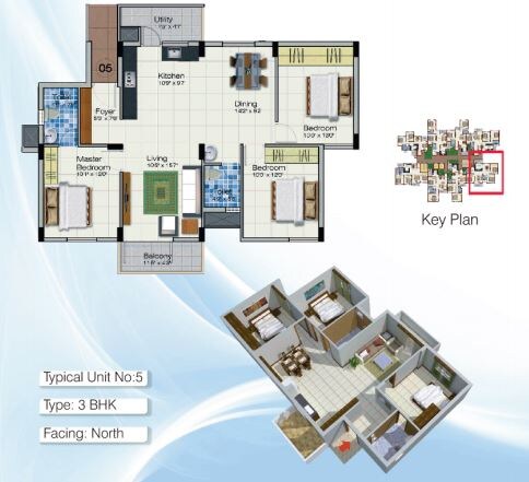 Floor plan of 3 BHK 1325 Sq. Ft. Apartment in GRC Brundavan, Bangalore