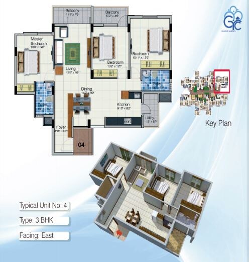 Floor plan of 3 BHK 1570 Sq. Ft. Apartment in GRC Brundavan, Bangalore
