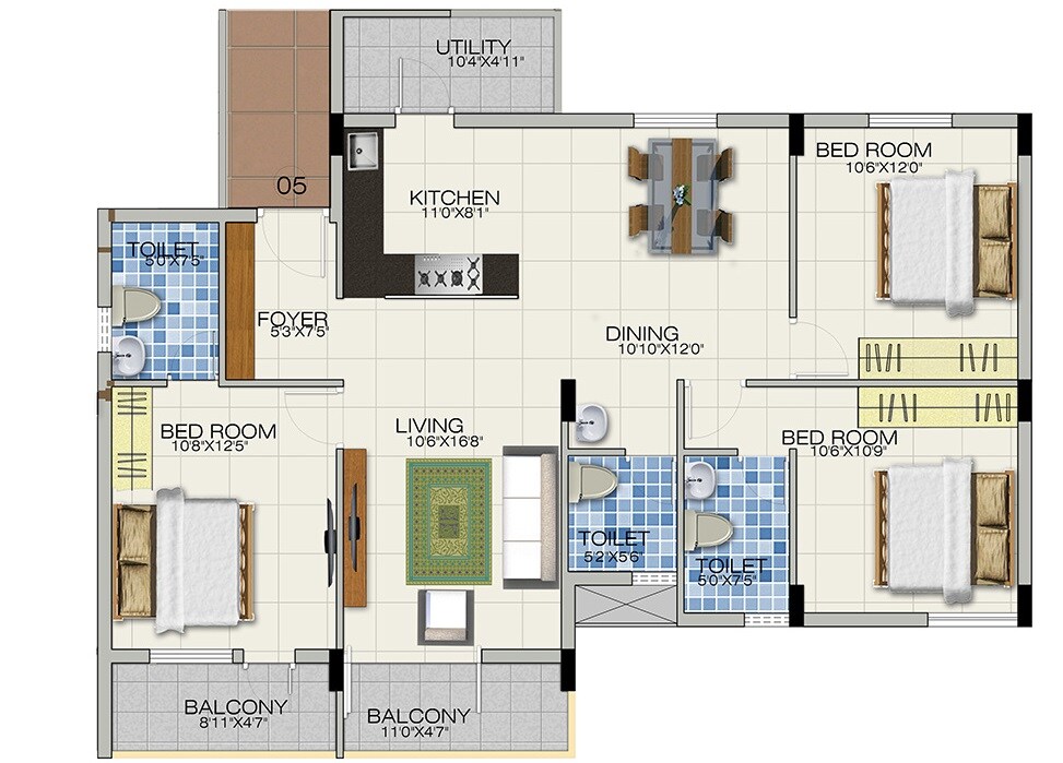 Floor plan of 3 BHK 1585 Sq. Ft. Apartment in GRC Brundavan, Bangalore