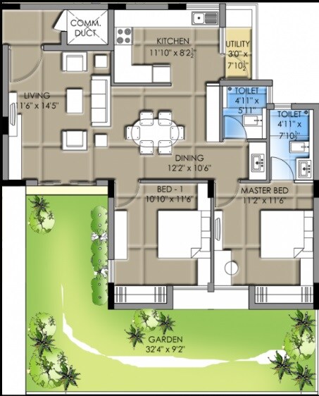 Floor plan of 2 BHK 1100 Sq. Ft. Apartment in GRC Nirvana, Bangalore