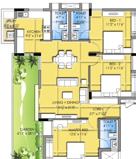 Floor plan of 3 BHK 1450 Sq. Ft. Apartment in GRC Nirvana, Bangalore