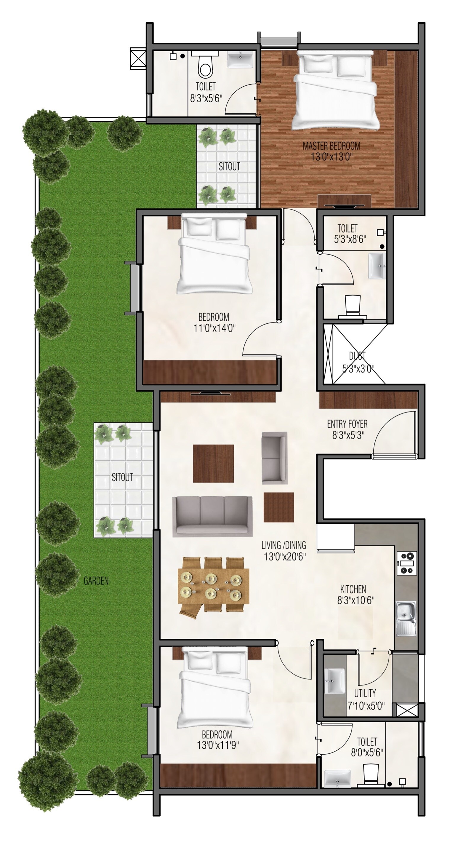 Floor plan of 3 BHK 1610 Sq. Ft. Apartment in GRC Savora, Bangalore