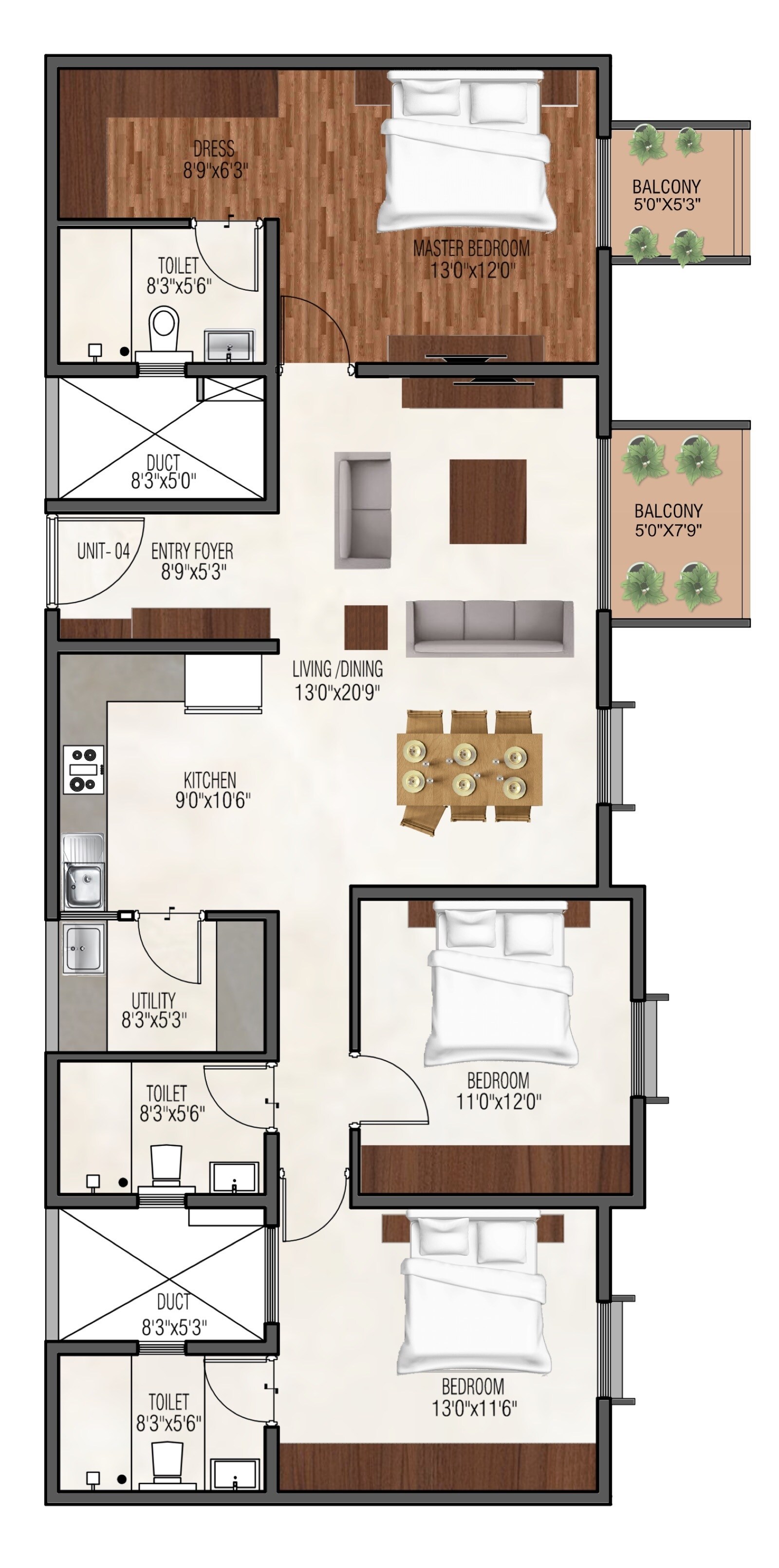 Floor plan of 3 BHK 1820 Sq. Ft. Apartment in GRC Savora, Bangalore