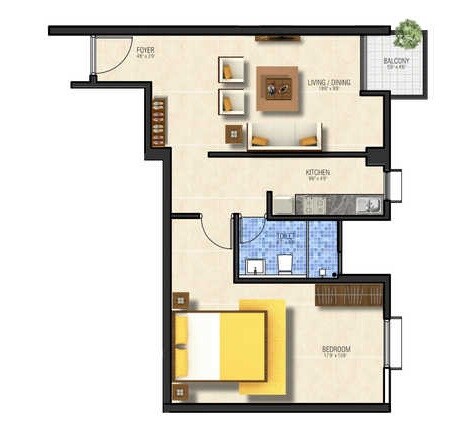 Floor plan of 1 BHK 600 Sq. Ft. Apartment in GRC Subhiksha, Bangalore