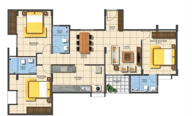 Floor plan of 3 BHK 1470 Sq. Ft. Apartment in GRC Subhiksha Phase 2, Bangalore