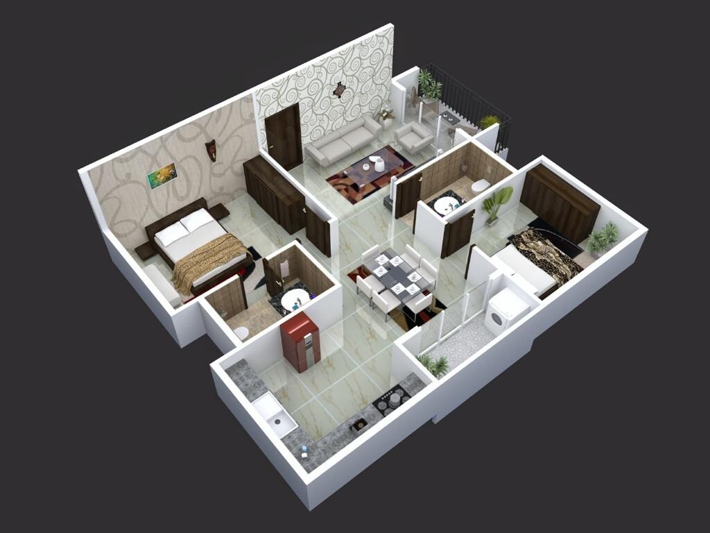 Floor plan of 2 BHK 1095 Sq. Ft. Apartment in Green Anees Enclave, Bangalore