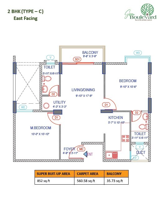 Floor plan of 2 BHK 852 Sq. Ft. Apartment in Green Boulevard, Bangalore
