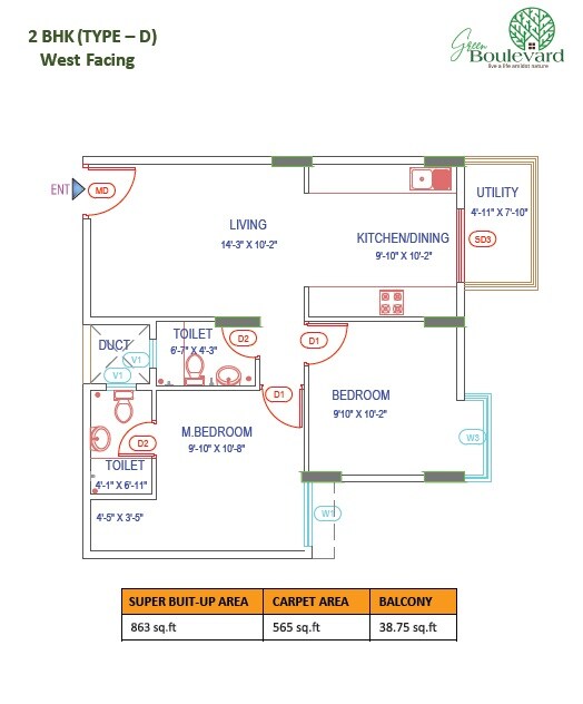 Floor plan of 2 BHK 863 Sq. Ft. Apartment in Green Boulevard, Bangalore