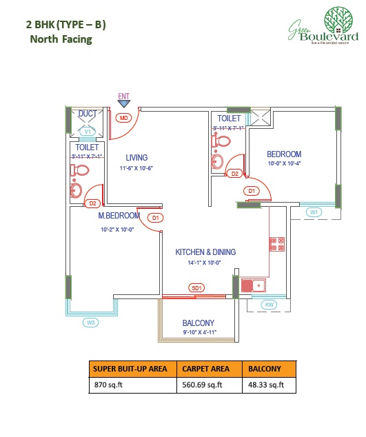 2 BHK 870 Sq. Ft. Apartment in Green Boulevard