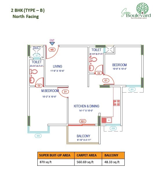 Floor plan of 2 BHK 870 Sq. Ft. Apartment in Green Boulevard, Bangalore