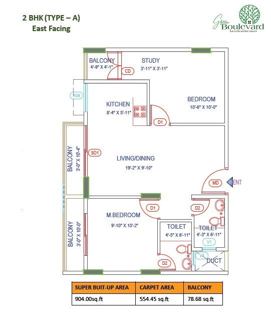 Floor plan of 2 BHK 904 Sq. Ft. Apartment in Green Boulevard, Bangalore